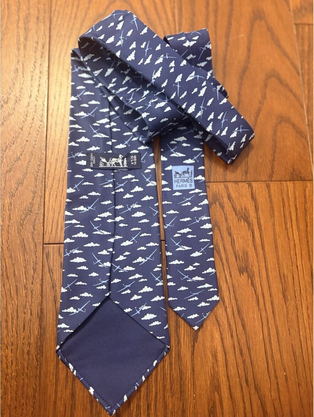 Hermès Blue Silk Airplane Cloud Print Tie France Luxury Designer Collectible